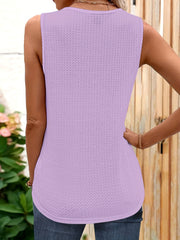 Guipure Lace Waffle Tank Top V Neck Sleeveless Casual Top