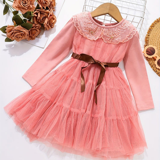 Girls Lace Mesh Long Sleeve Princess Dress With Belt
