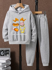 2pcs Food Print Boys Hoodie Kids Casual Long Sleeve Loose Hooded Sweatshirt
