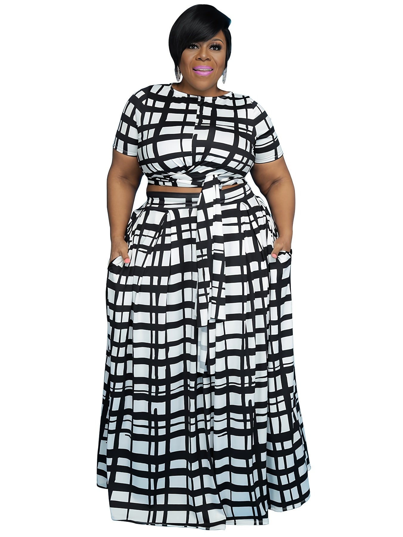 Women's Plus Grid Print Short Sleeve Crop Top & Pants 2pcs Outfits Set