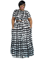Women's Plus Grid Print Short Sleeve Crop Top & Pants 2pcs Outfits Set