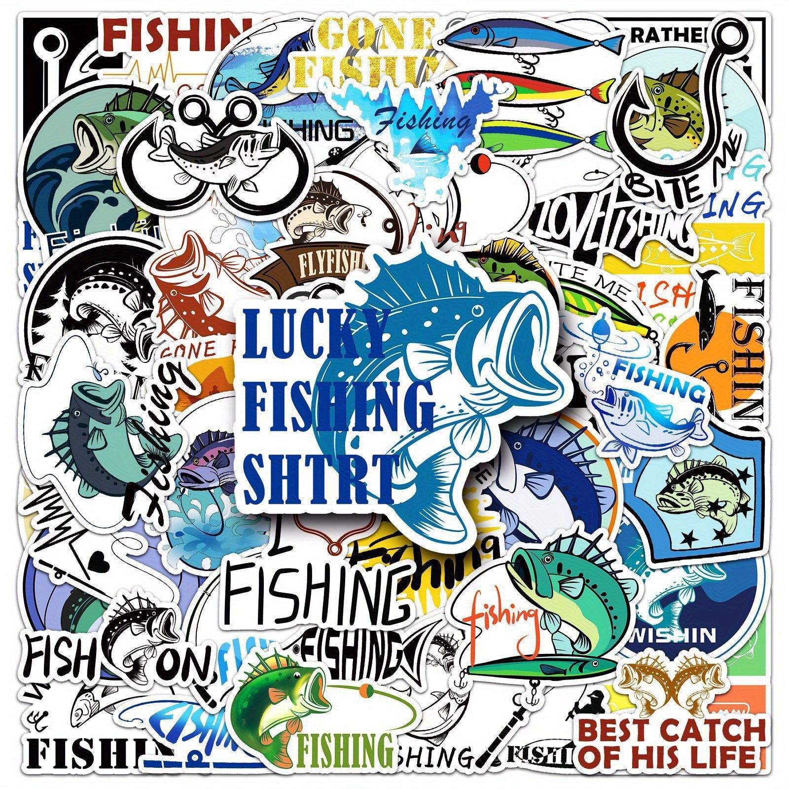 50pcs Reusable Cartoon Fishing Stickers for Laptops Water Bottles Phones & More