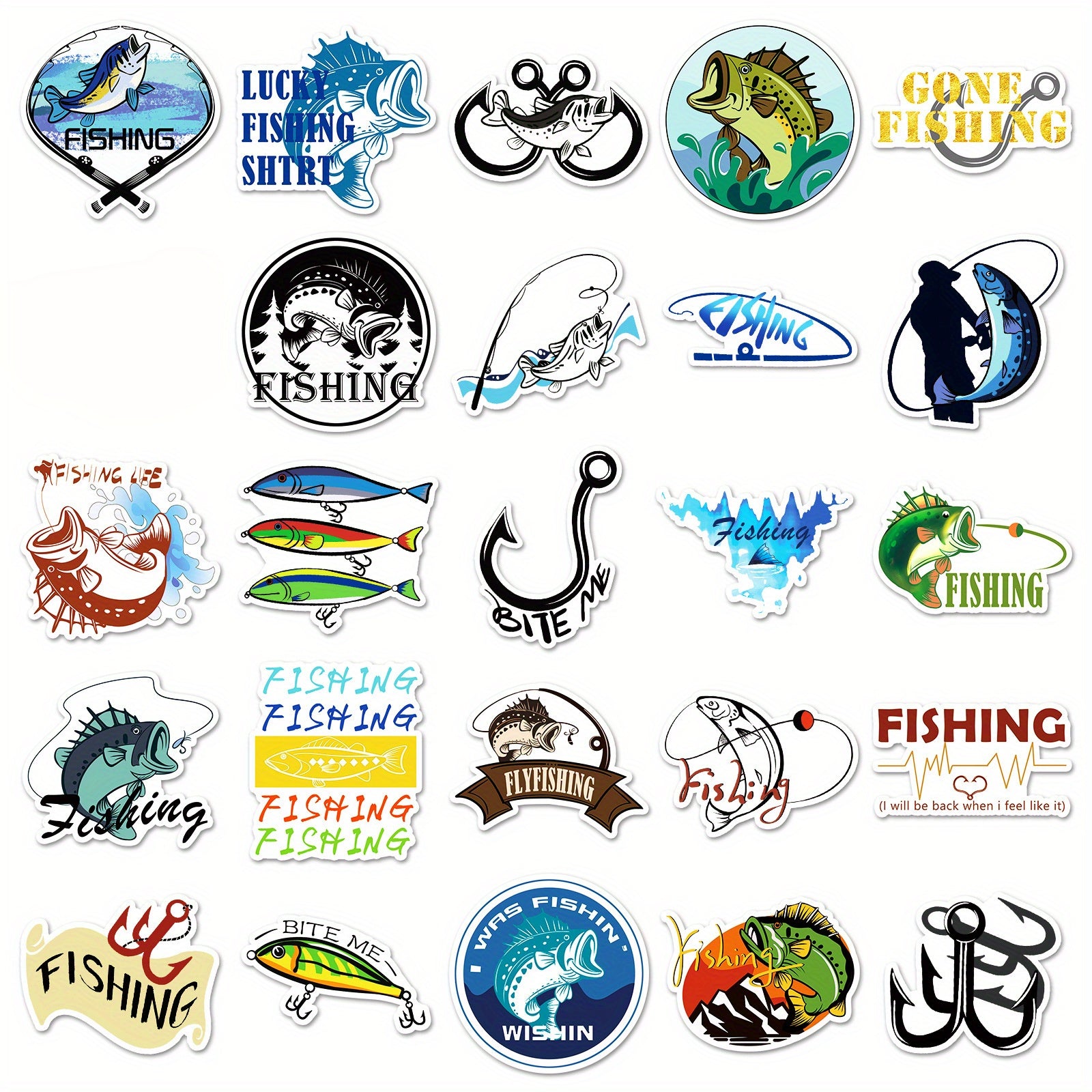 50pcs Reusable Cartoon Fishing Stickers for Laptops Water Bottles Phones & More
