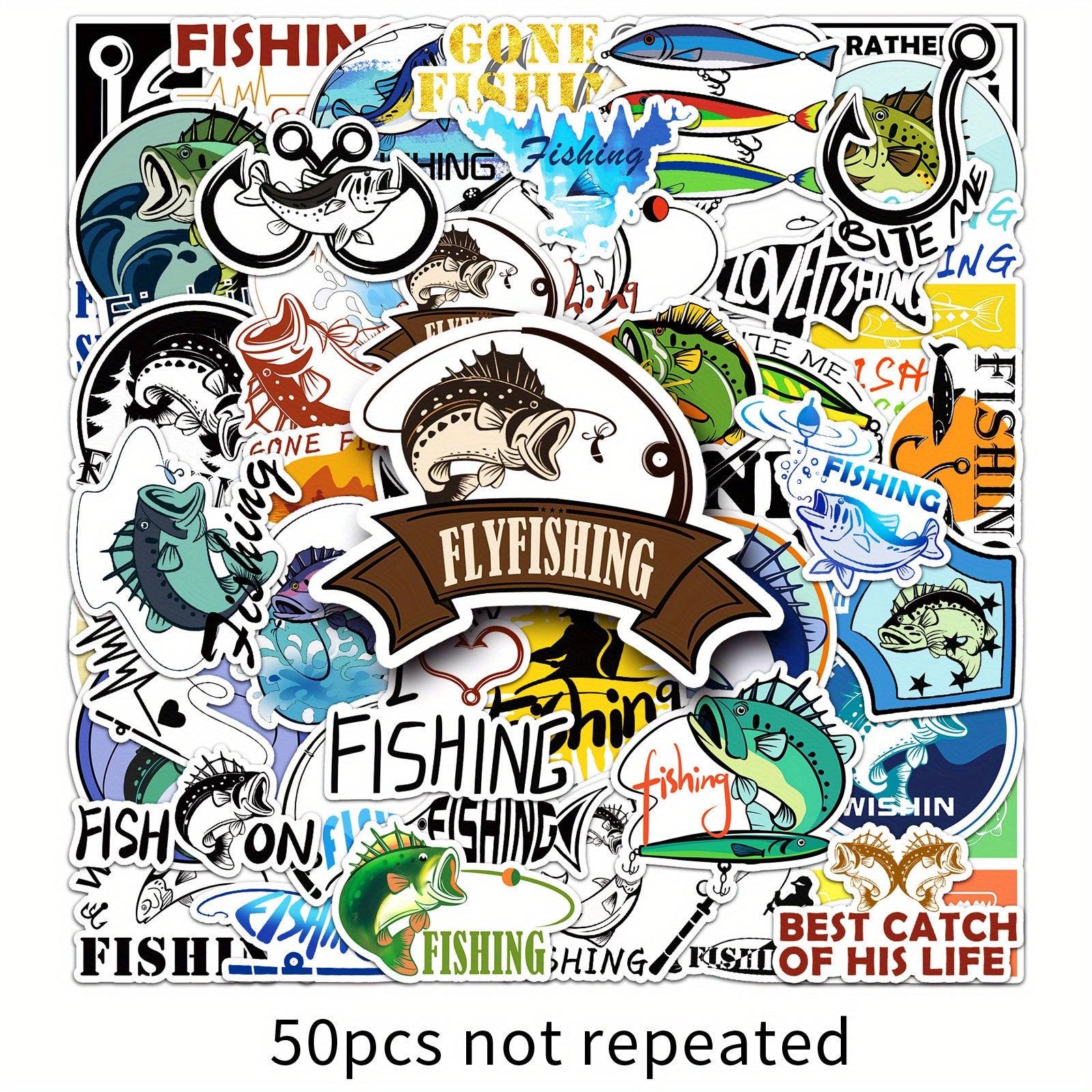 50pcs Reusable Cartoon Fishing Stickers for Laptops Water Bottles Phones & More