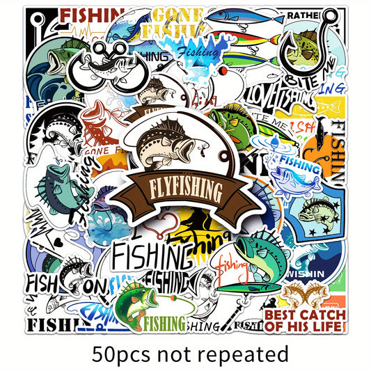 50pcs Reusable Cartoon Fishing Stickers for Laptops Water Bottles Phones & More
