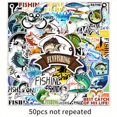 50pcs Reusable Cartoon Fishing Stickers for Laptops Water Bottles Phones & More