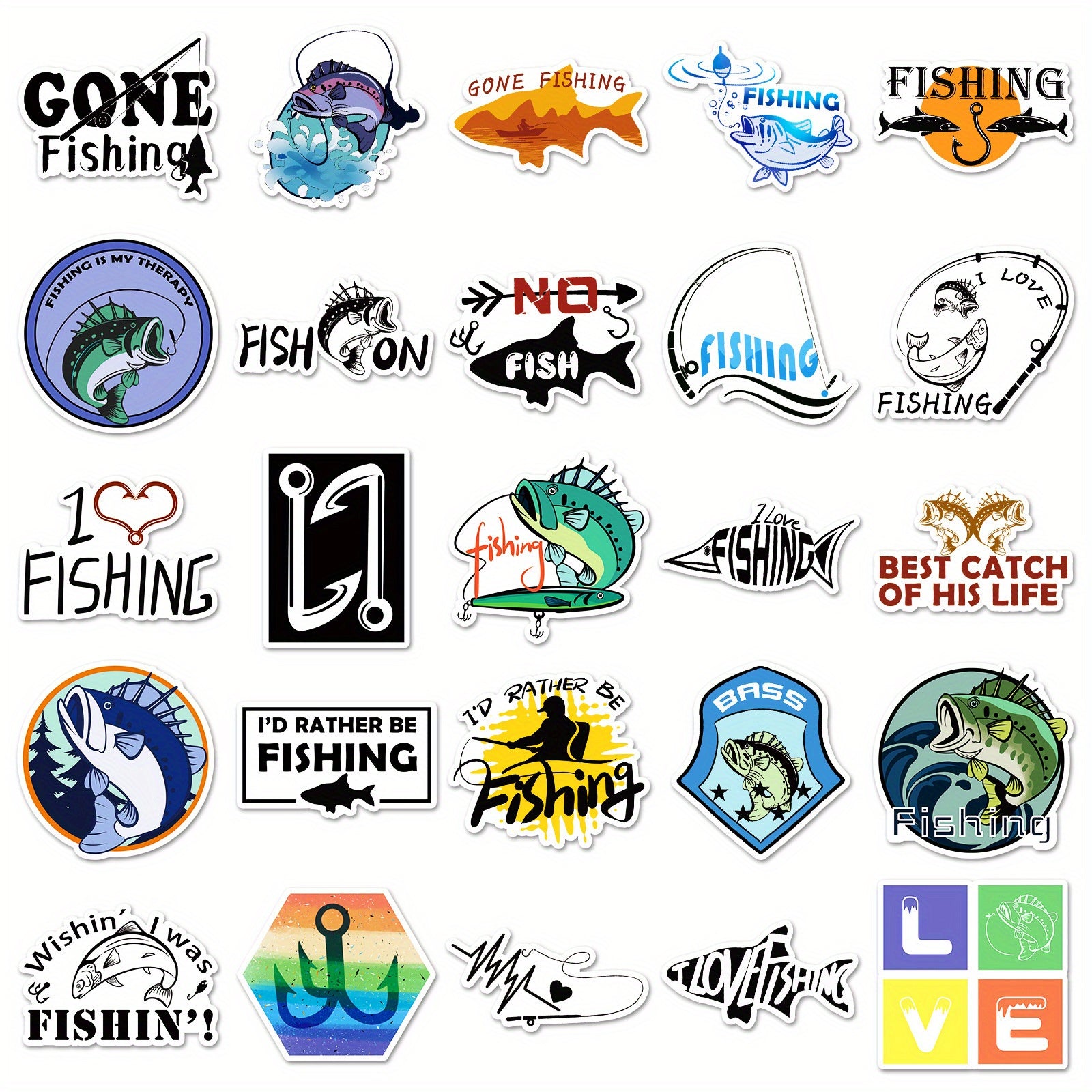50pcs Reusable Cartoon Fishing Stickers for Laptops Water Bottles Phones & More