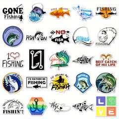 50pcs Reusable Cartoon Fishing Stickers for Laptops Water Bottles Phones & More