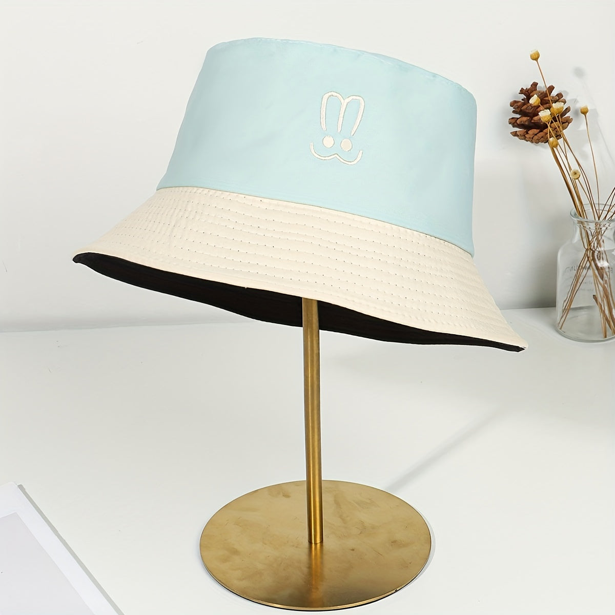 Embroidered Bunny Ears Bucket Hat Rabbit Block Sun Hat Cotton Sunscreen Fishing