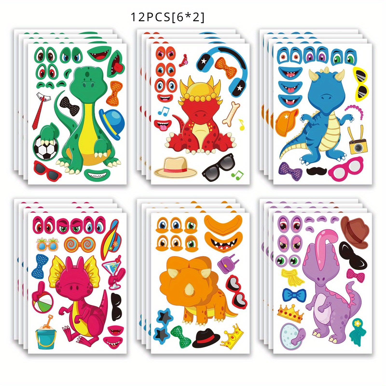 Dino Face Stickers Set 24 PCS DIY Cartoon Decal Kit for Party Favors