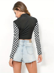 Checkerboard Long Sleeve Sexy Cropped Top Round Neck T Shirt