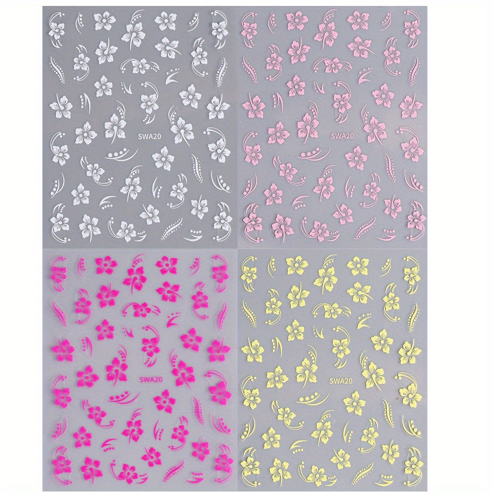 4pcs Floral Nail Art Stickers Self-Adhesive Sparkle Finish Easy Apply 3D Decals