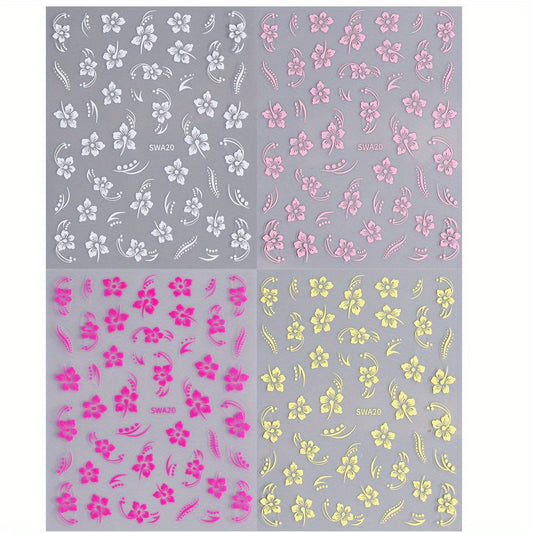 4pcs Floral Nail Art Stickers Self-Adhesive Sparkle Finish Easy Apply 3D Decals