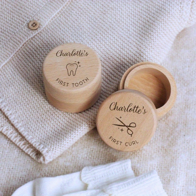 Personalized Kids First Tooth & Curl Keepsake Set Wooden Engraved Trinket Box