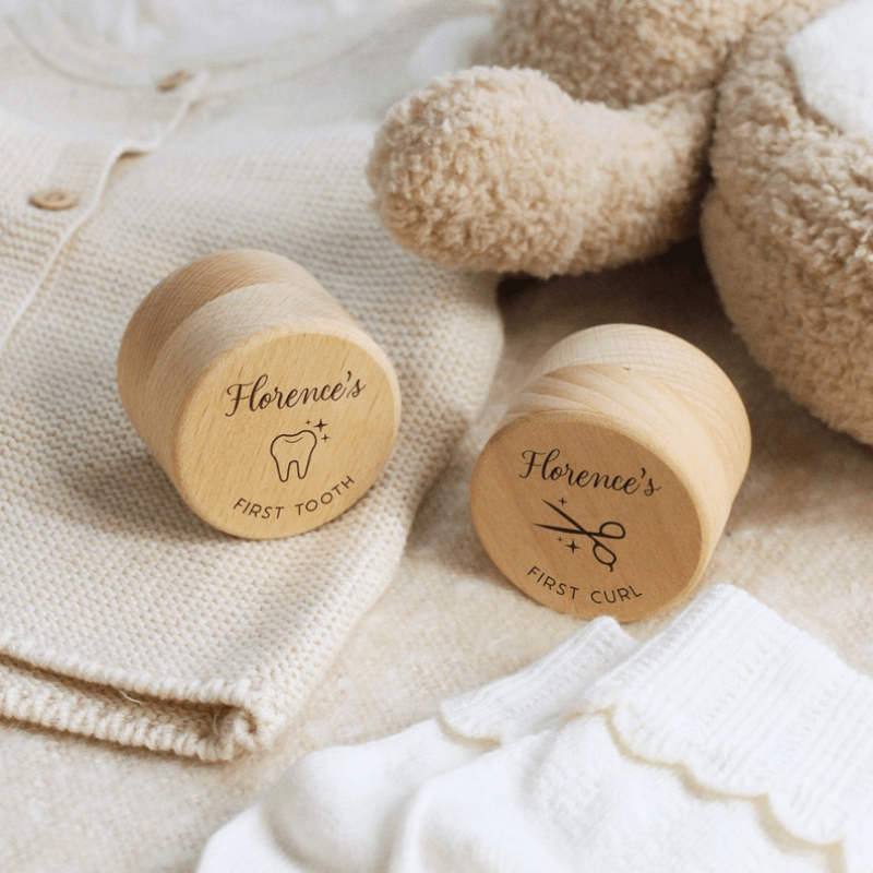 Personalized Kids First Tooth & Curl Keepsake Set Wooden Engraved Trinket Box