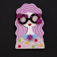 Preppy Acrylic Brooch with Geometric Patterns & Glasses Design