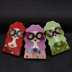 Preppy Acrylic Brooch with Geometric Patterns & Glasses Design