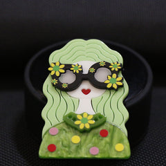 Preppy Acrylic Brooch with Geometric Patterns & Glasses Design