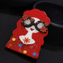 Preppy Acrylic Brooch with Geometric Patterns & Glasses Design