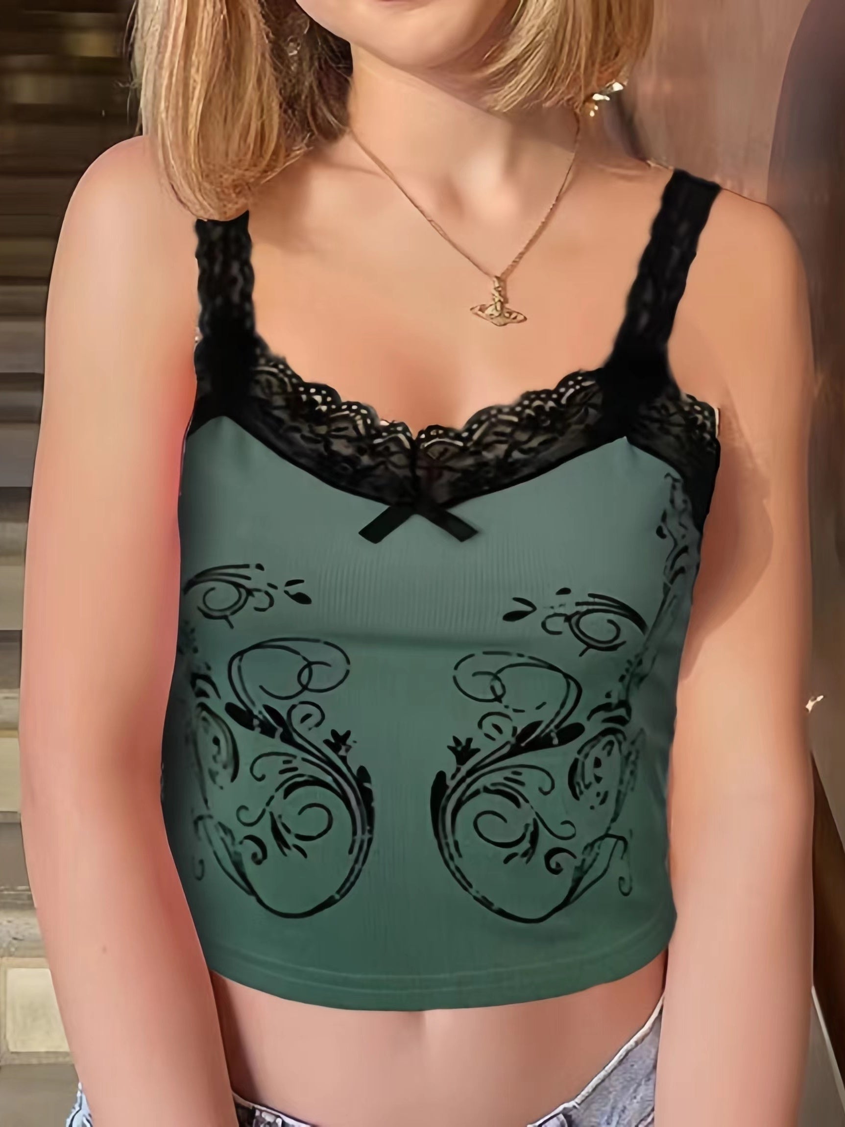 Lace Floral Print Cami Top V Neck Sleeveless Summer Top