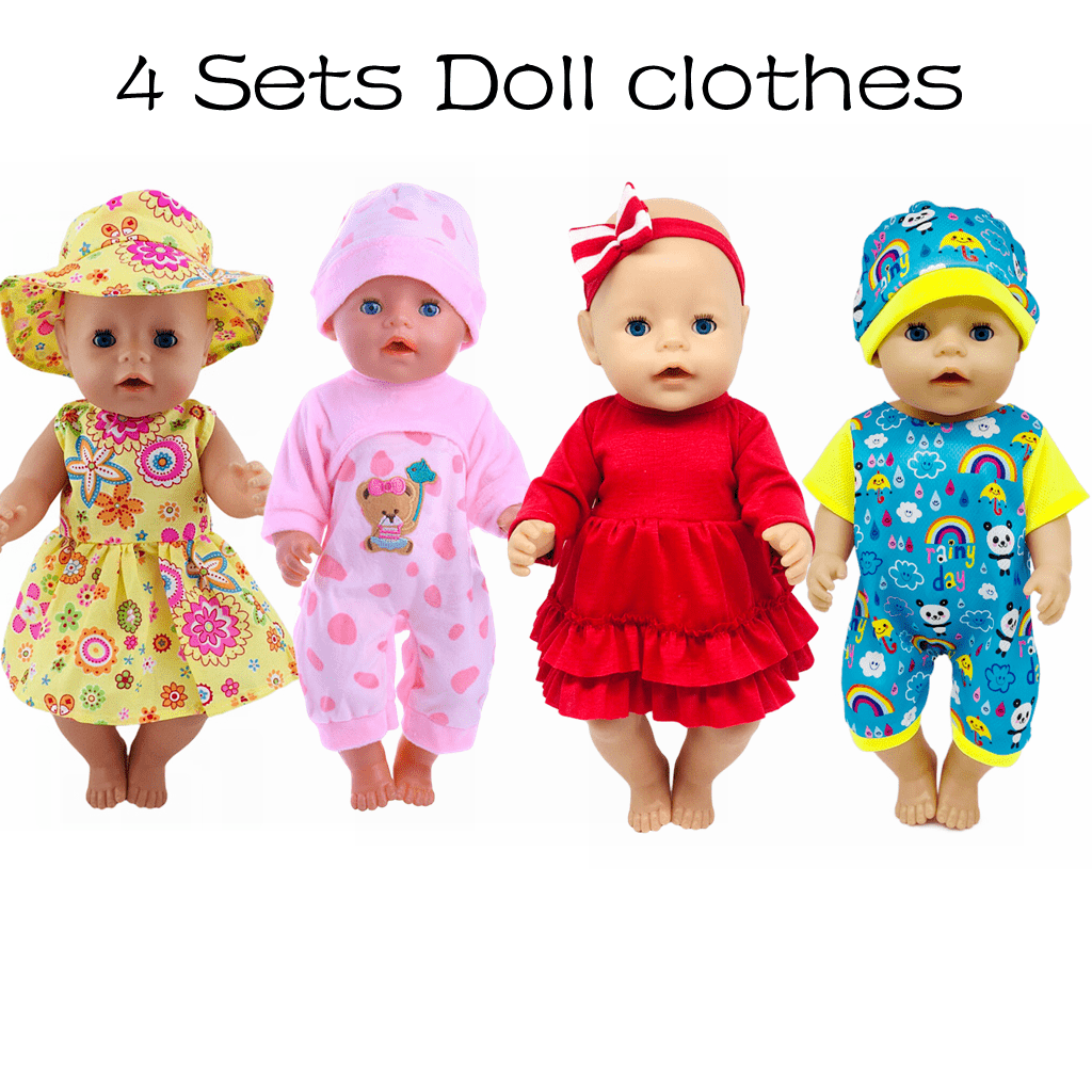 4-Piece Doll Clothing Set - Floral Dress, Hat, Pink Pajamas