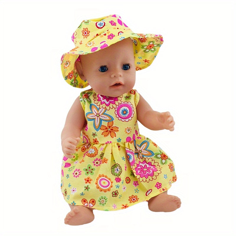 4-Piece Doll Clothing Set - Floral Dress, Hat, Pink Pajamas