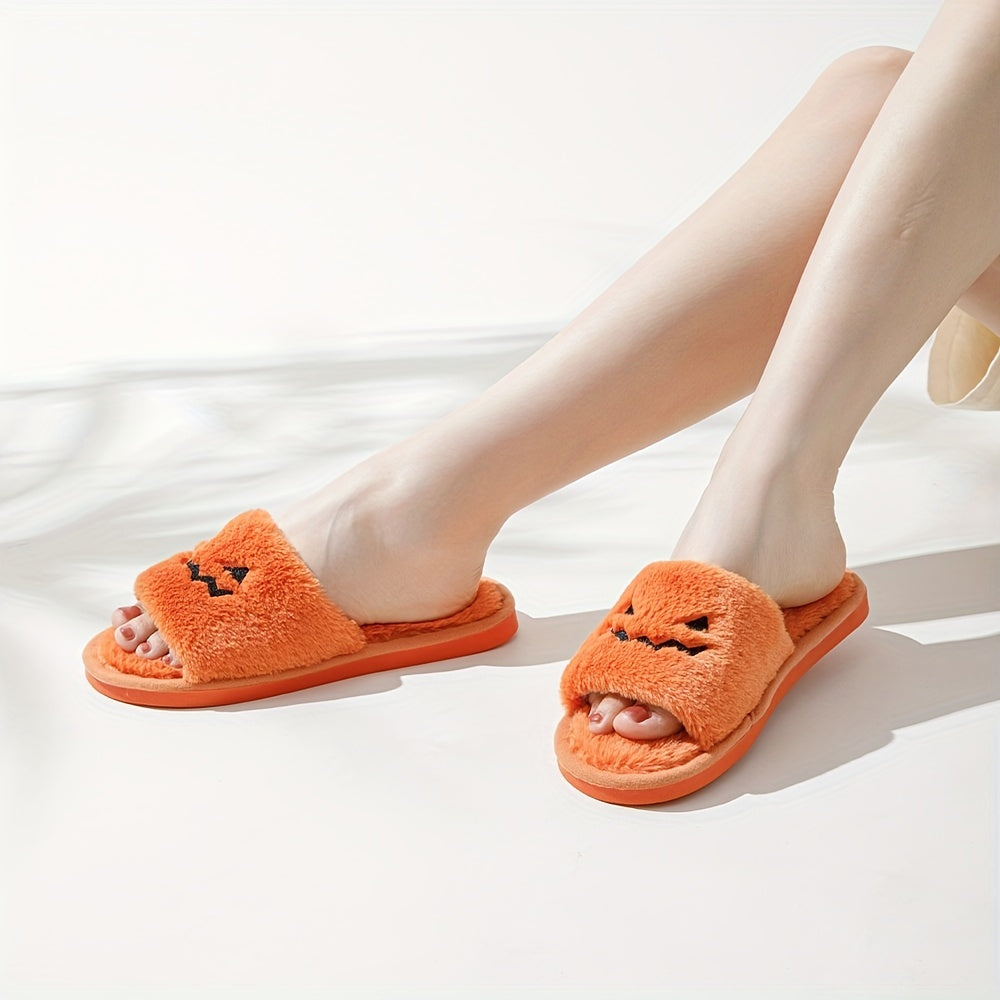 Women's Pumpkin Embroidery Slippers Plush Home Shoes Halloween Slippers