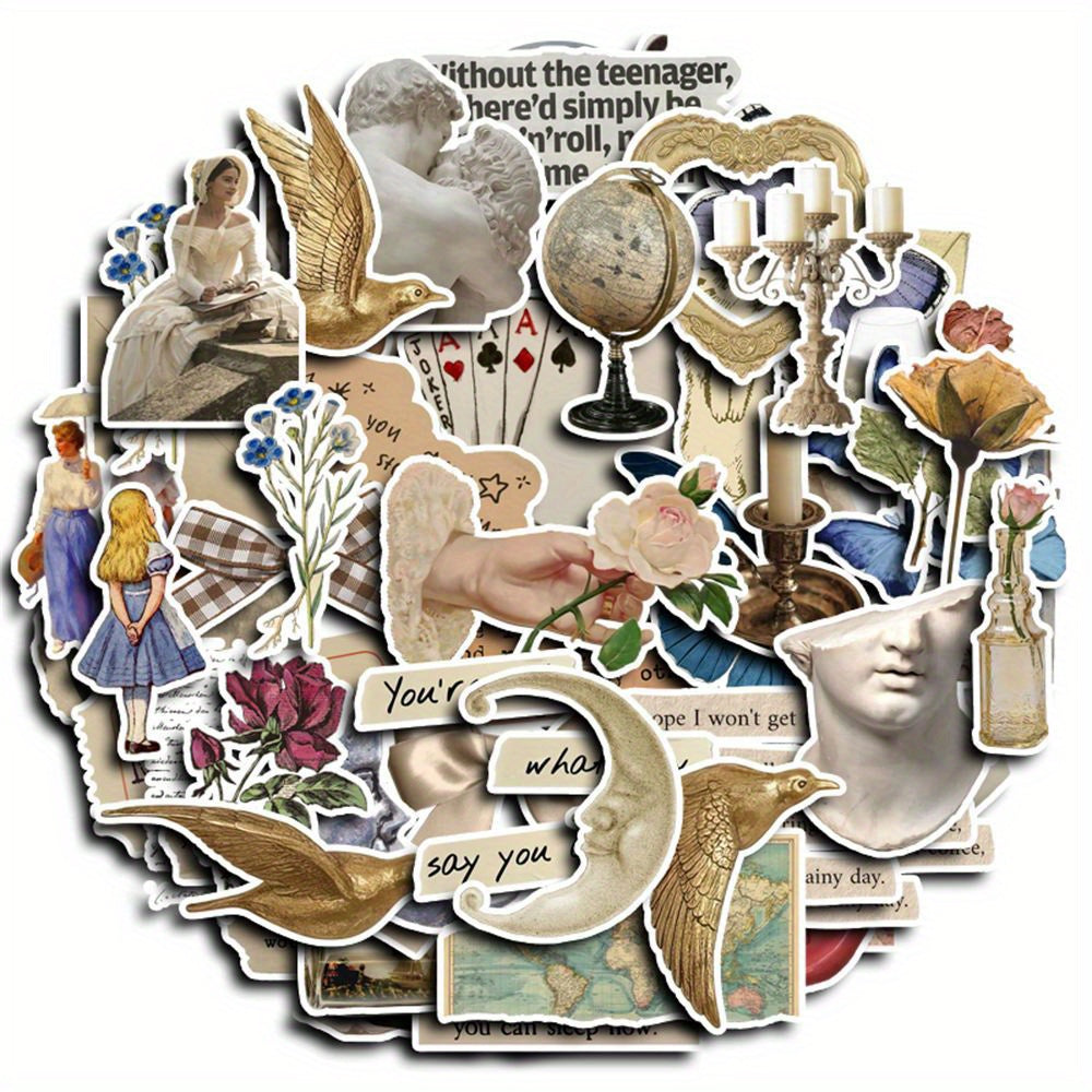 Vintage Inspired Stickers 50 Pieces Artistic Expression Ages 14+ Reusable Shapes