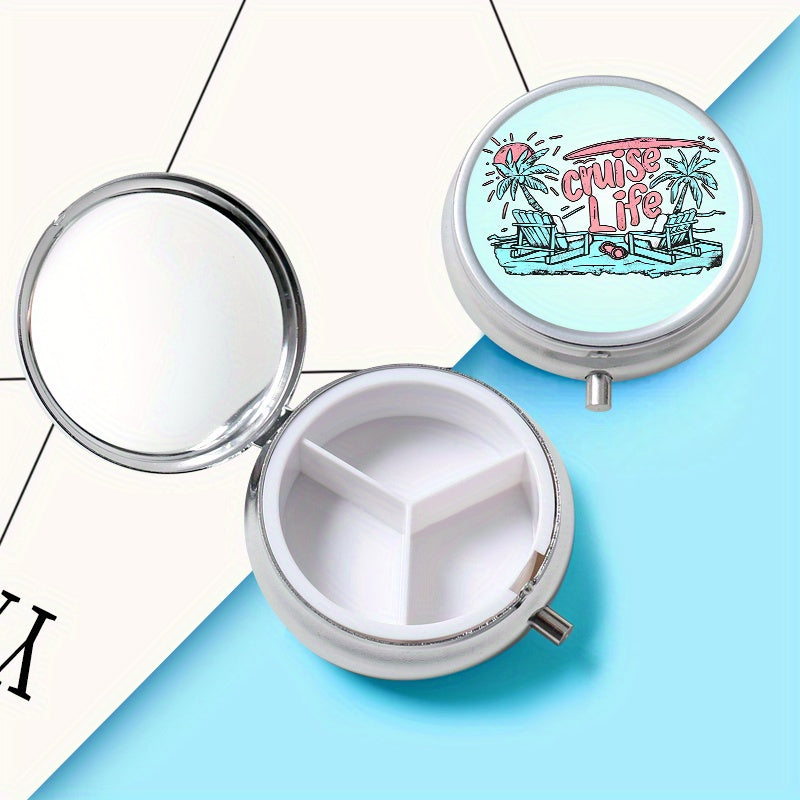 Vacation Life Print Round Pill Box 3 Compartments Portable Medicine Box
