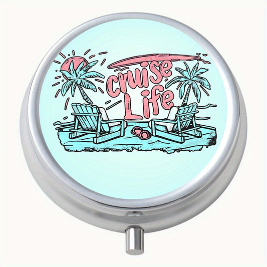 Vacation Life Print Round Pill Box 3 Compartments Portable Medicine Box
