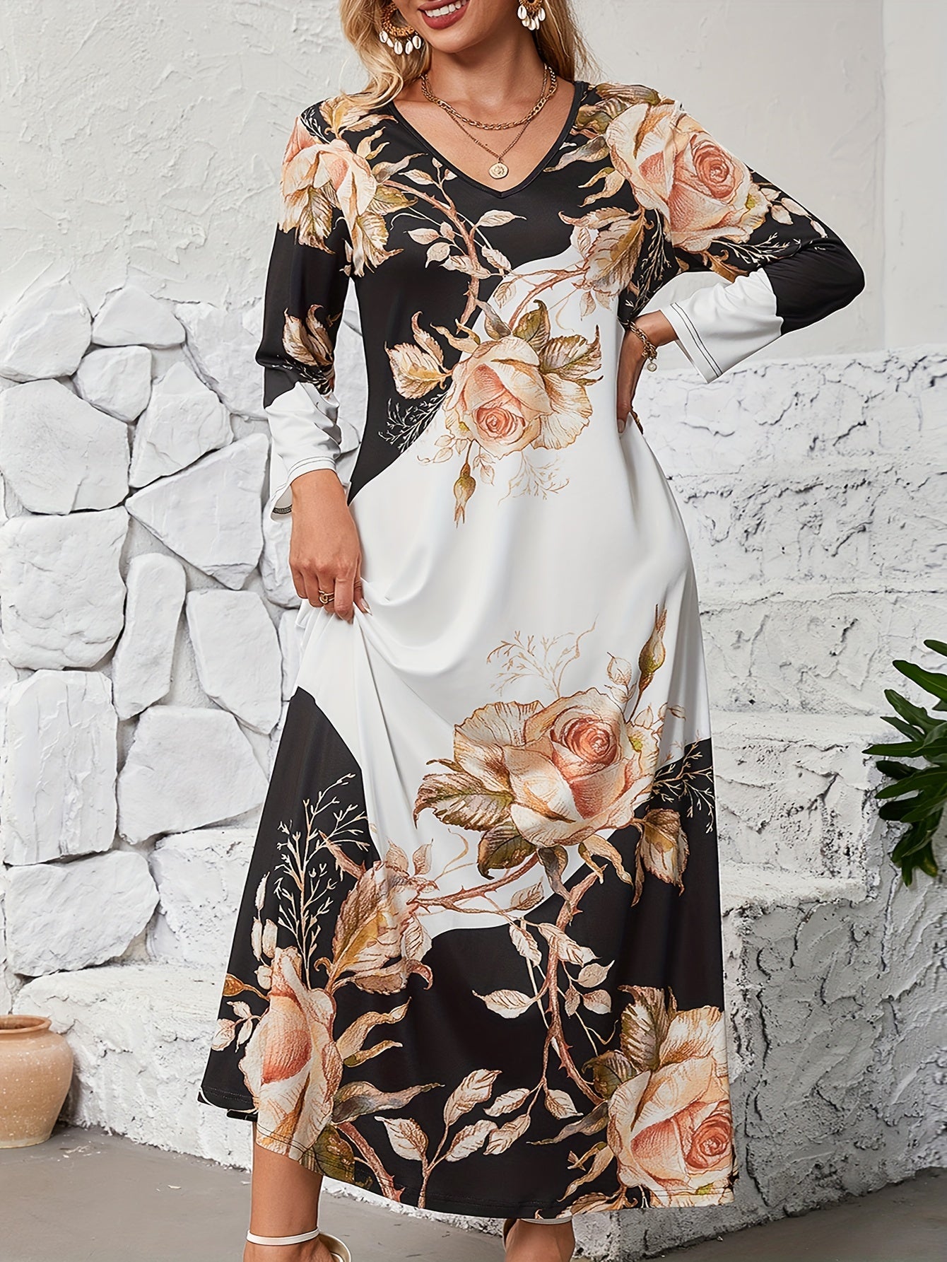 Colorblock Floral Print Maxi Dress