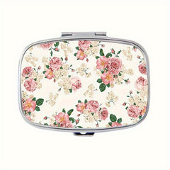 Vintage Floral Metal Pill Case 2 Compartment Medicine Organizer Pink Peach