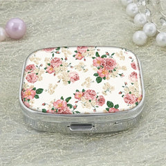 Vintage Floral Metal Pill Case 2 Compartment Medicine Organizer Pink Peach