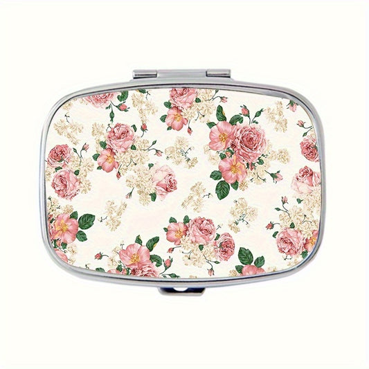 Vintage Floral Metal Pill Case 2 Compartment Medicine Organizer Pink Peach