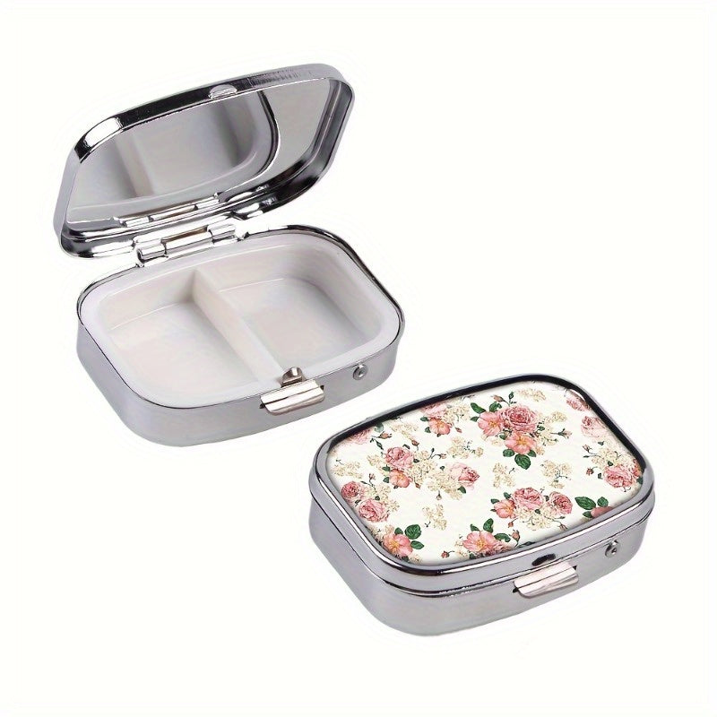 Vintage Floral Metal Pill Case 2 Compartment Medicine Organizer Pink Peach