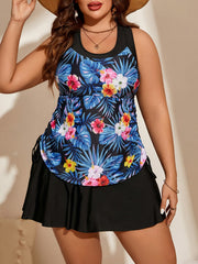 Vacay Tankini Set Tropical Print Side Lace Up Racer Back Tank Top