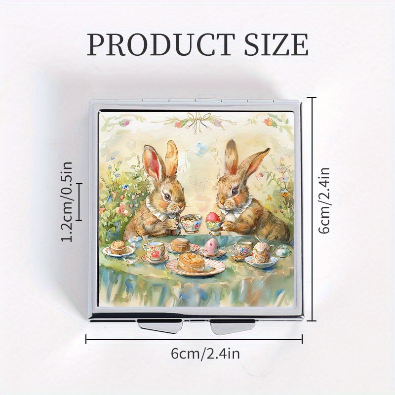 Tea Drinking Rabbit Print Pill Box with 4 Compartments