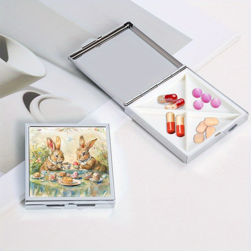 Tea Drinking Rabbit Print Pill Box with 4 Compartments