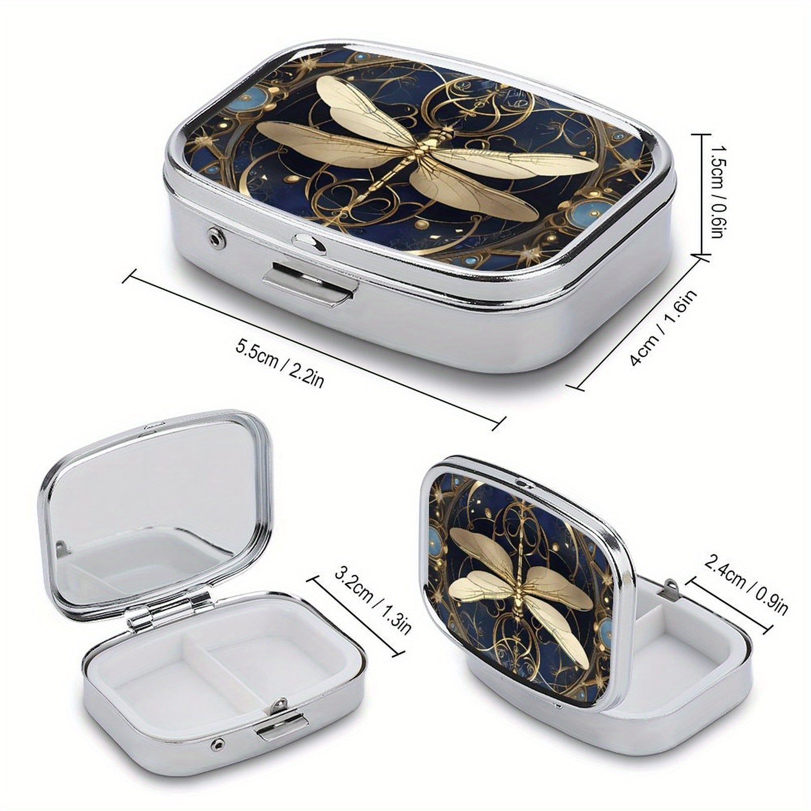 Dragonfly Pill Box 2 Compartment Colored Glass Metal Portable Medicine Case