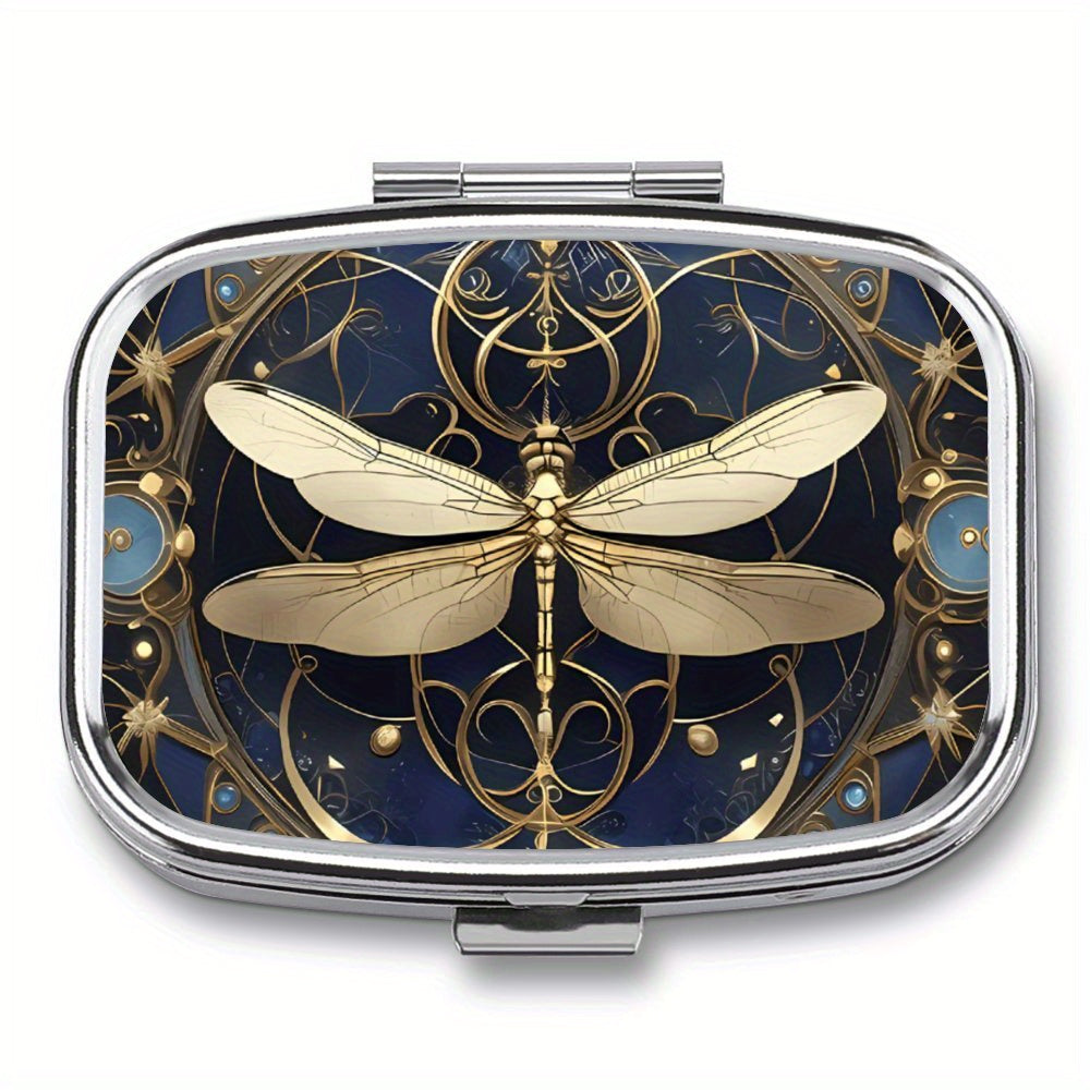 Dragonfly Pill Box 2 Compartment Colored Glass Metal Portable Medicine Case