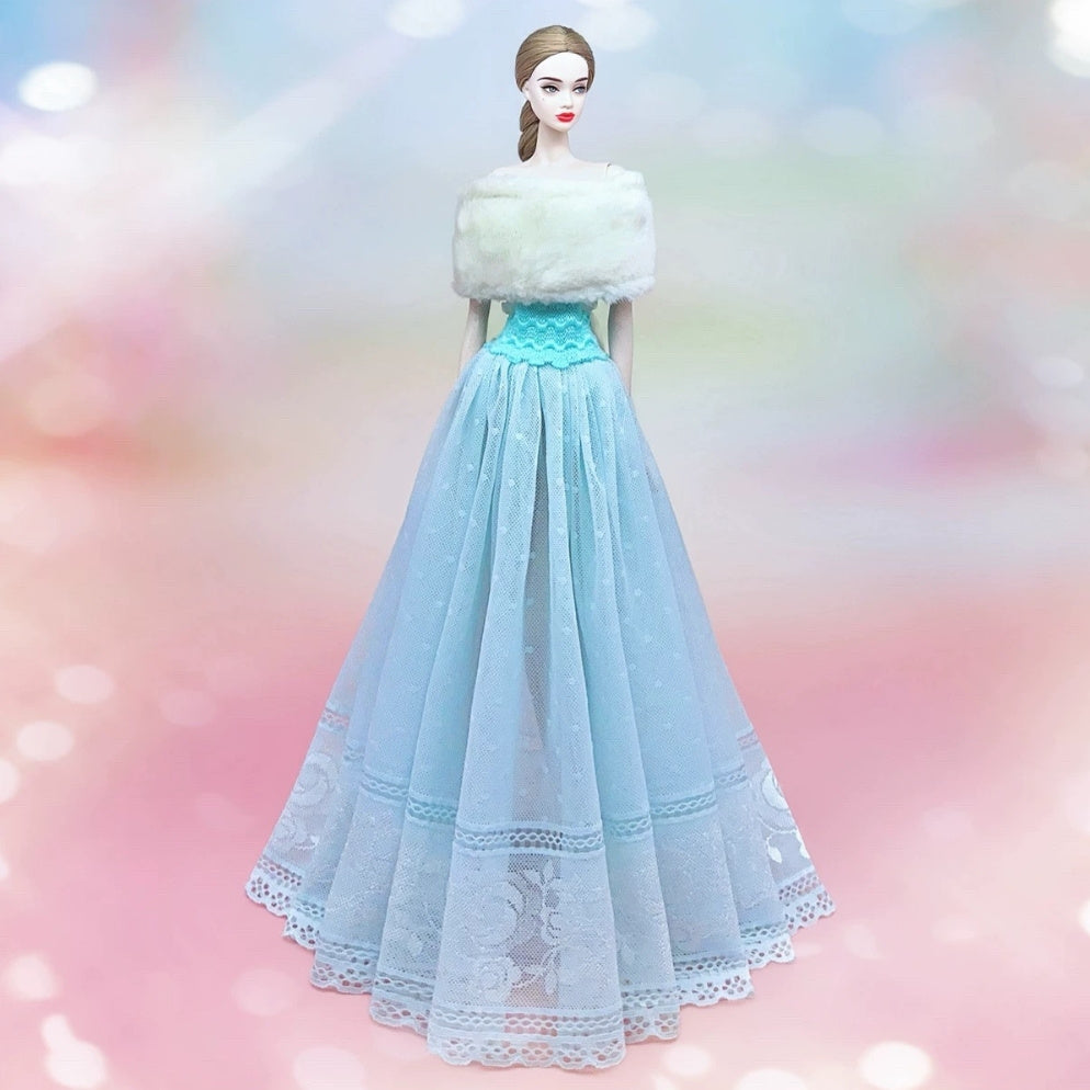 Doll Dress with Lace Detail and Faux Fur Shawl for Dolls Outfits