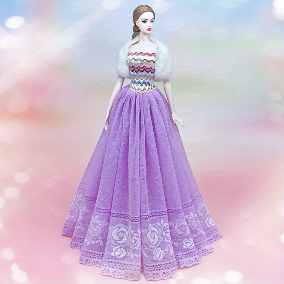 Doll Dress with Lace Detail and Faux Fur Shawl for Dolls Outfits