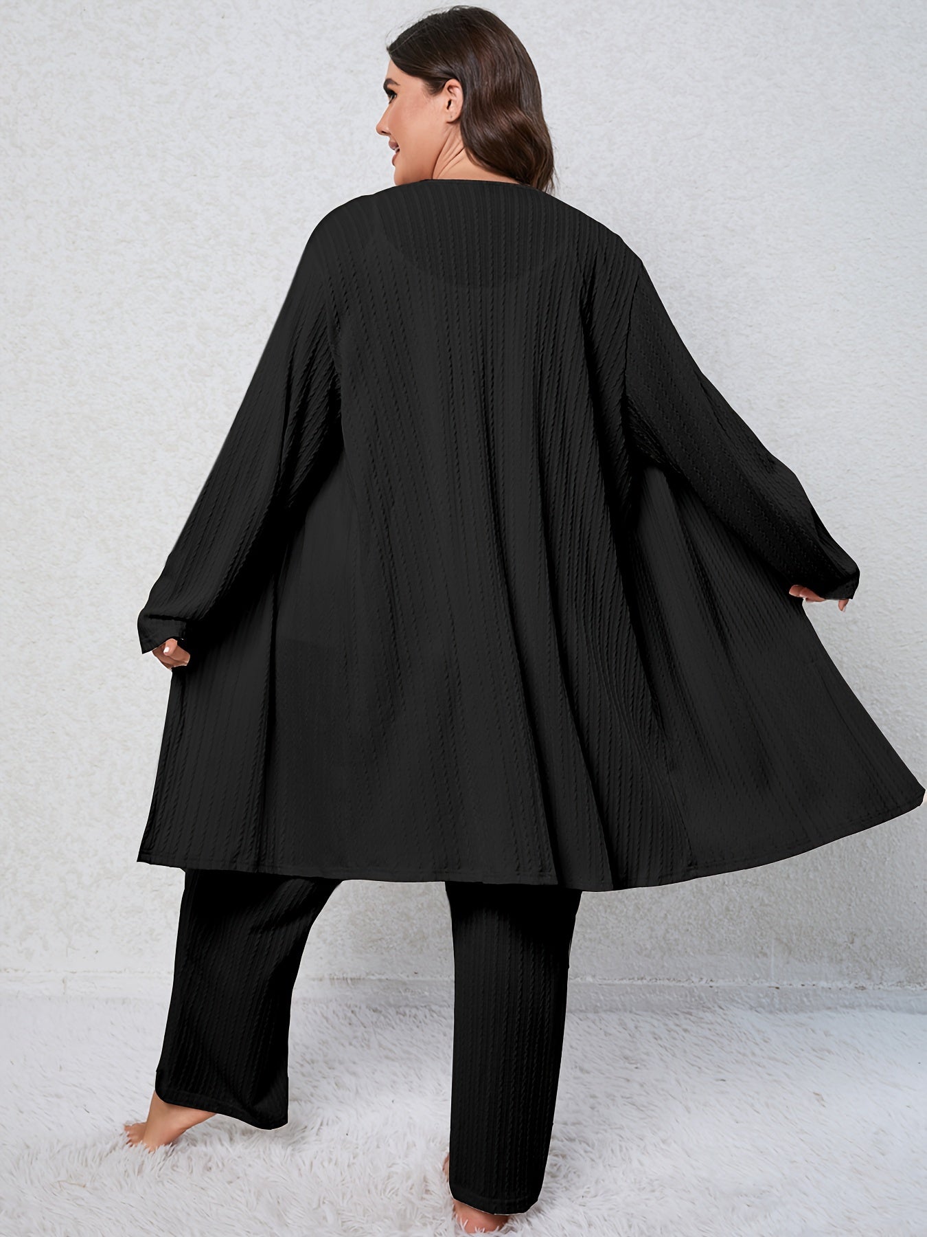 Textured Cami Top & Wide Leg Pants & Robe Pajama Set