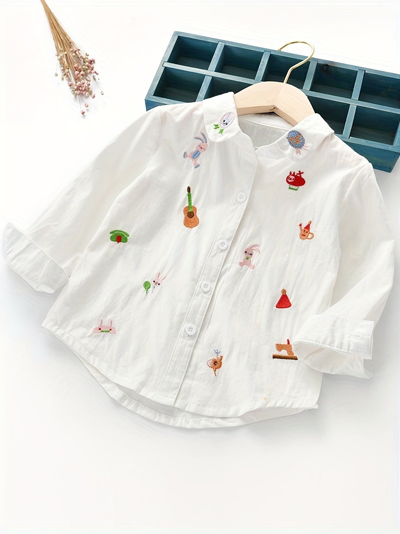 Girl s Cartoon Embroidered Collared Shirt Top For Autumn Outfit