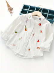 Girl s Cartoon Embroidered Collared Shirt Top For Autumn Outfit