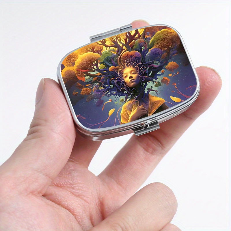Tree of Life Square Pill Box 2 Compartment Metal Medicine Case