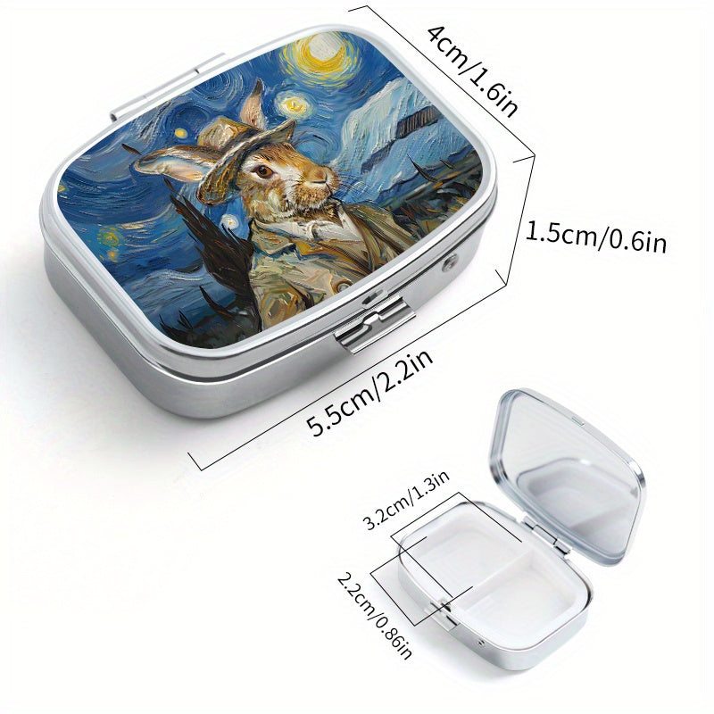 Van Gogh Rabbit Metal Pill Box 2 Compartment Organizer