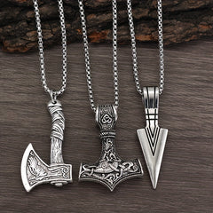 Men's Viking Necklace Hammer Compass Knot Wolf Axe Pendant
