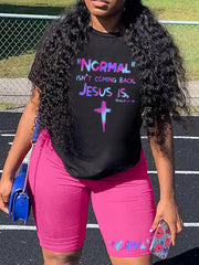 Ombre Slogan & Cross Print Top & Biker Shorts Set