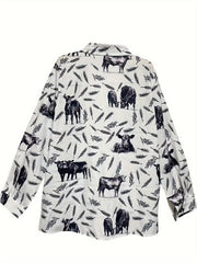 Casual Blouse Women's Cow & Ears Print Long Sleeve Button Up Shirt
